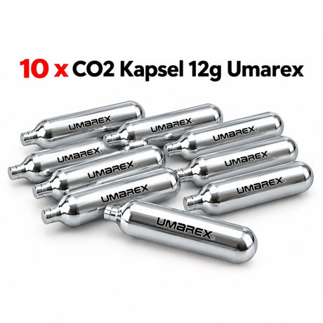 id-paintball 10er Set Umarex 12g CO2-Kapseln aus silbernem Metall für CO2-Waffen vor weißem Hintergrund