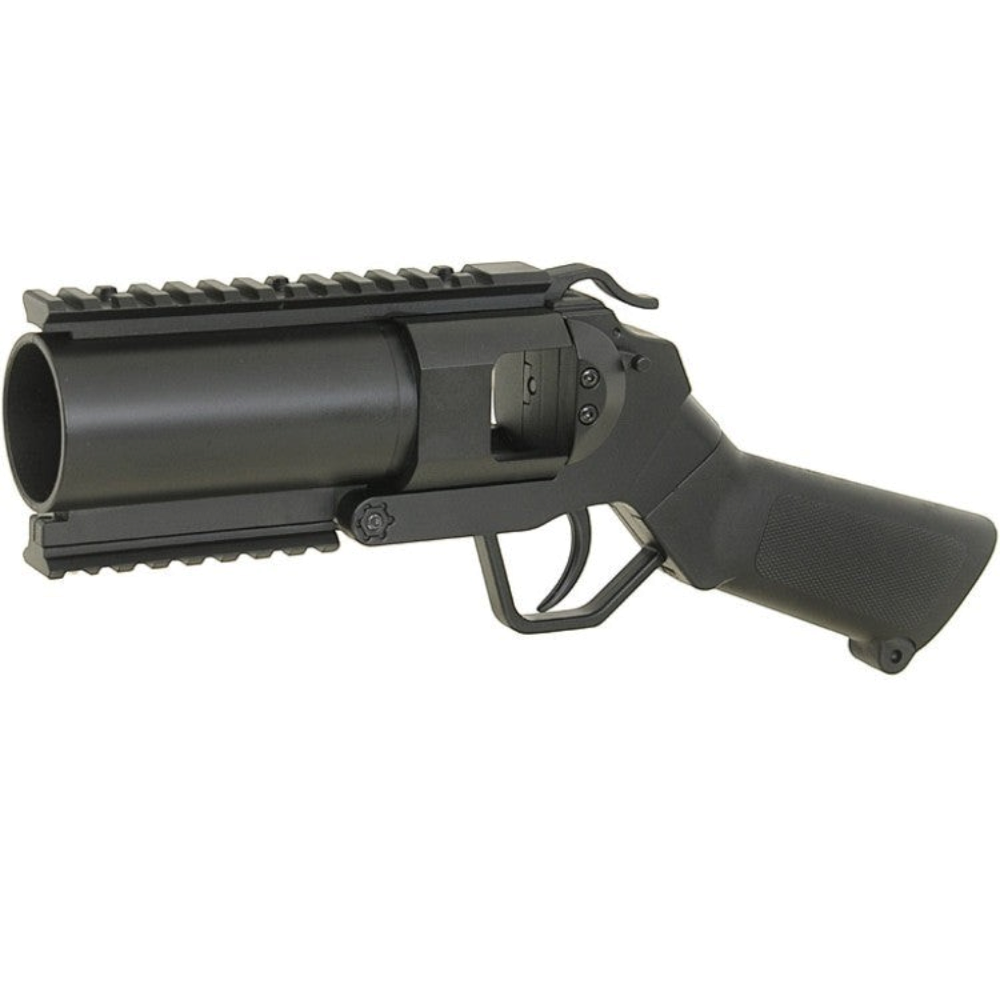 id-paintball 40mm Granatpistole in Schwarz mit flachem Griff, Weaverschiene und kompakter Bauweise für Airsoft