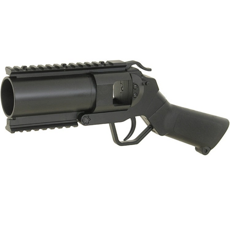 id-paintball 40mm Granatpistole in Schwarz mit flachem Griff, Weaverschiene und kompakter Bauweise für Airsoft