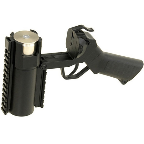 id-paintball 40mm Granatpistole in Schwarz mit flachem Griff, Weaverschiene und geladener Kartusche für Paintball