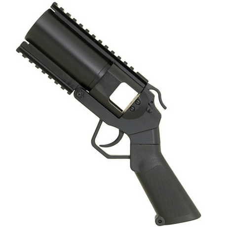 id-paintball 40mm Granatpistole in Schwarz mit flachem Griff und Weaverschiene für Paintball und Airsoft