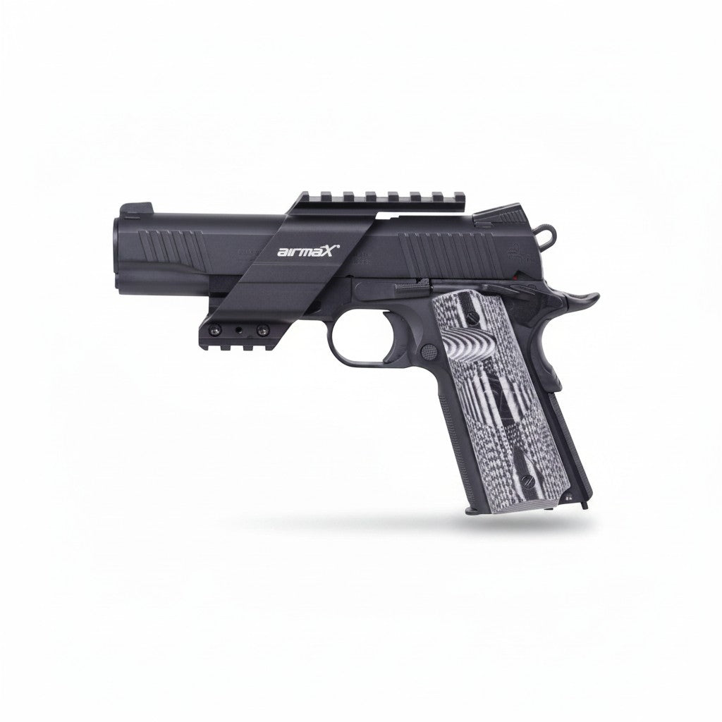 id-paintball airmaX® Universal Pistolenmontage aus schwarzem Metall montiert auf einer Pistole mit gemusterten Griffen