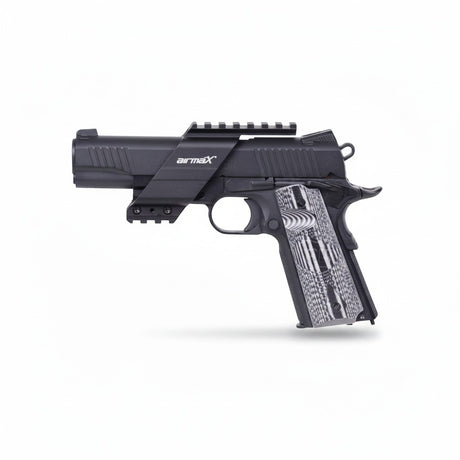 id-paintball airmaX® Universal Pistolenmontage aus schwarzem Metall montiert auf einer Pistole mit gemusterten Griffen