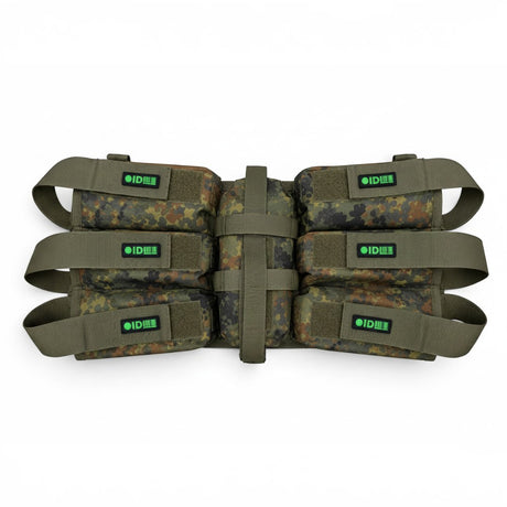 id-paintball Battlepack 6+1 in Flecktarn mit verstellbaren Pottaschen und zentraler Flaschentasche für Paintball