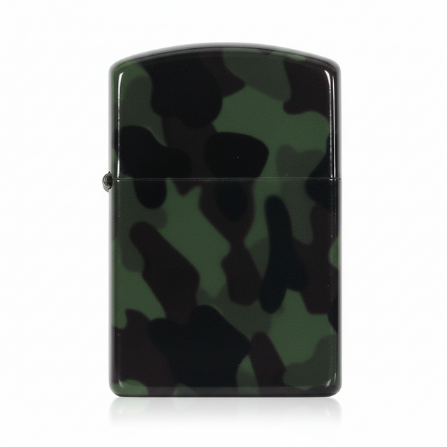 id-paintball Benzin-Sturmfeuerzeug mit Woodland-Camouflage-Muster, robustes und nachfüllbares Outdoor-Feuerzeug