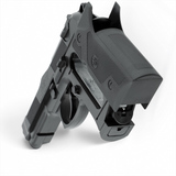 id-paintball Beretta Elite II CO2-Pistole mit geöffnetem Griffstück für den Kapselwechsel auf weißem Hintergrund