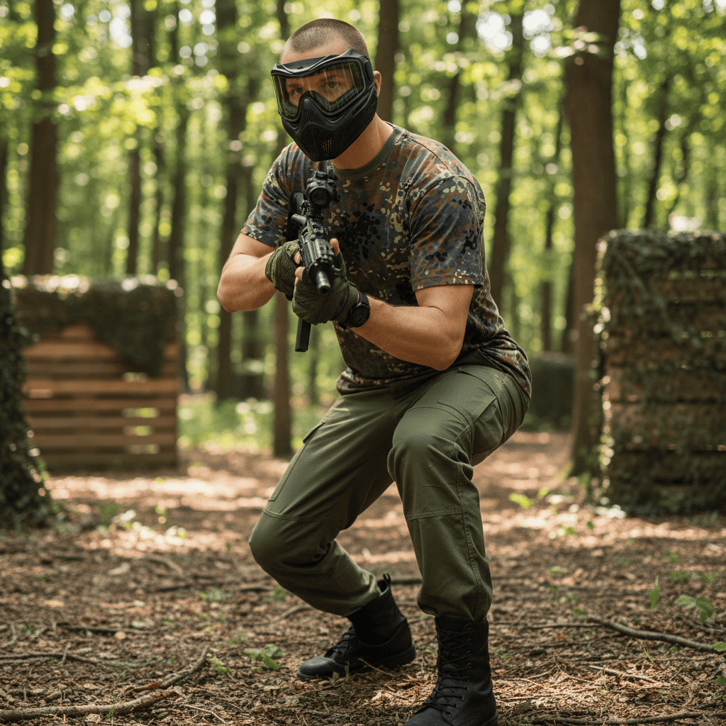 id-paintball Bundeswehr T-Shirt in Flecktarn aus Baumwolle, getragen von einem Paintballspieler im Wald