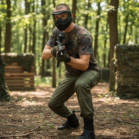 id-paintball Bundeswehr T-Shirt in Flecktarn aus Baumwolle, getragen von einem Paintballspieler im Wald