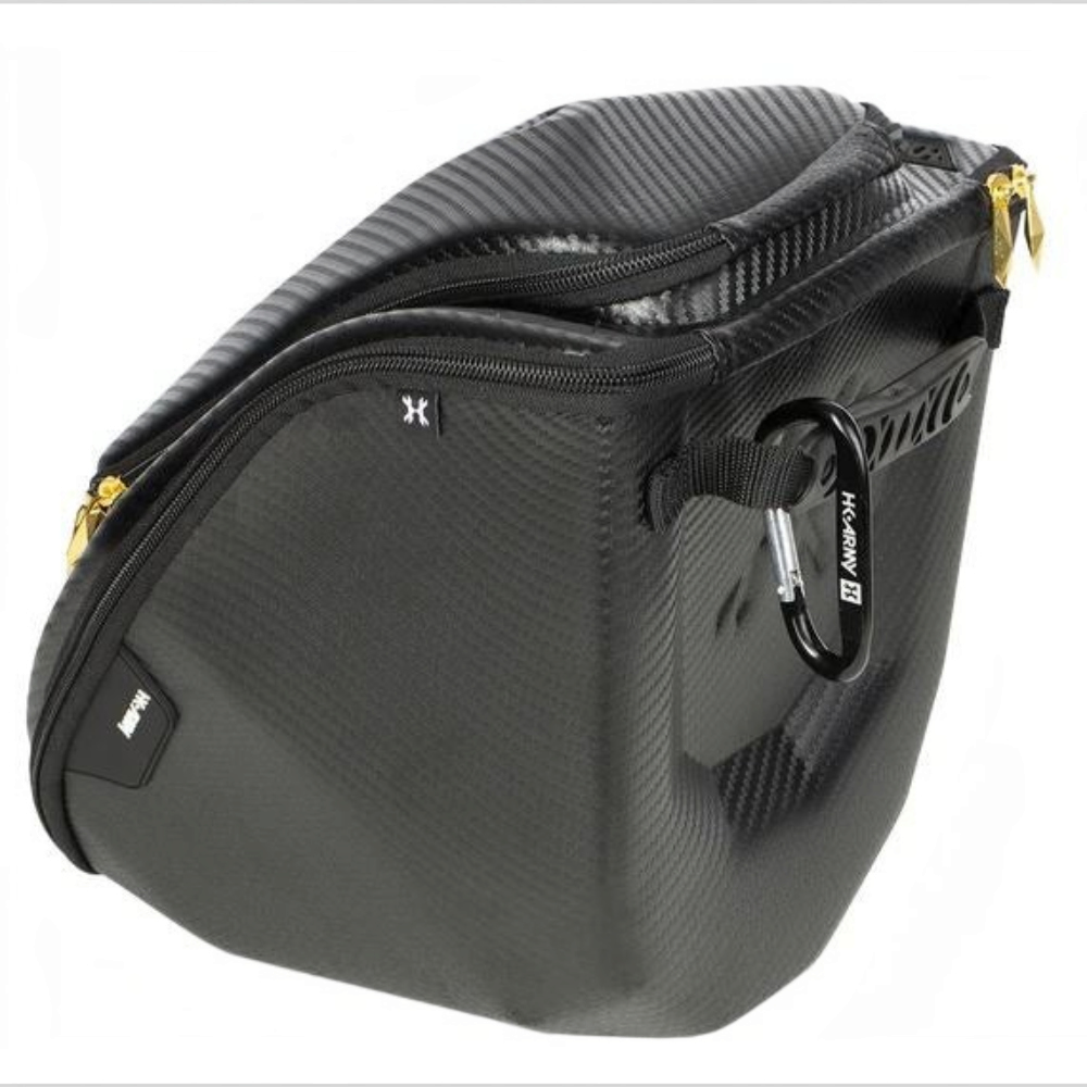 id-paintball HK Army Carbon Exo Goggle Case HSTL in Schwarz mit robuster Schale, Tragegriff und goldenen Reißverschlüssen