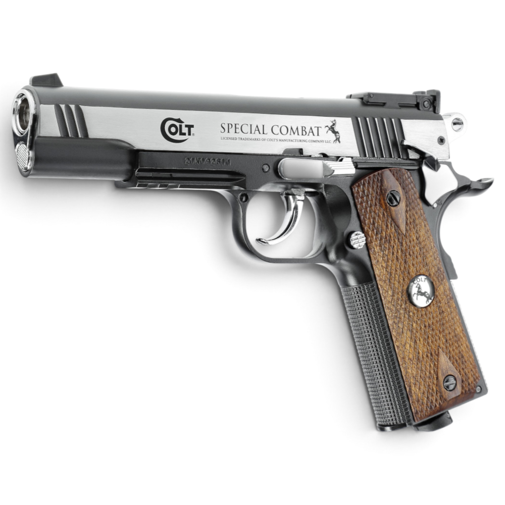 id-paintball Colt Special Combat Classic CO2-Pistole im 1911-Design mit Metallschlitten und Holzoptik-Griffschalen