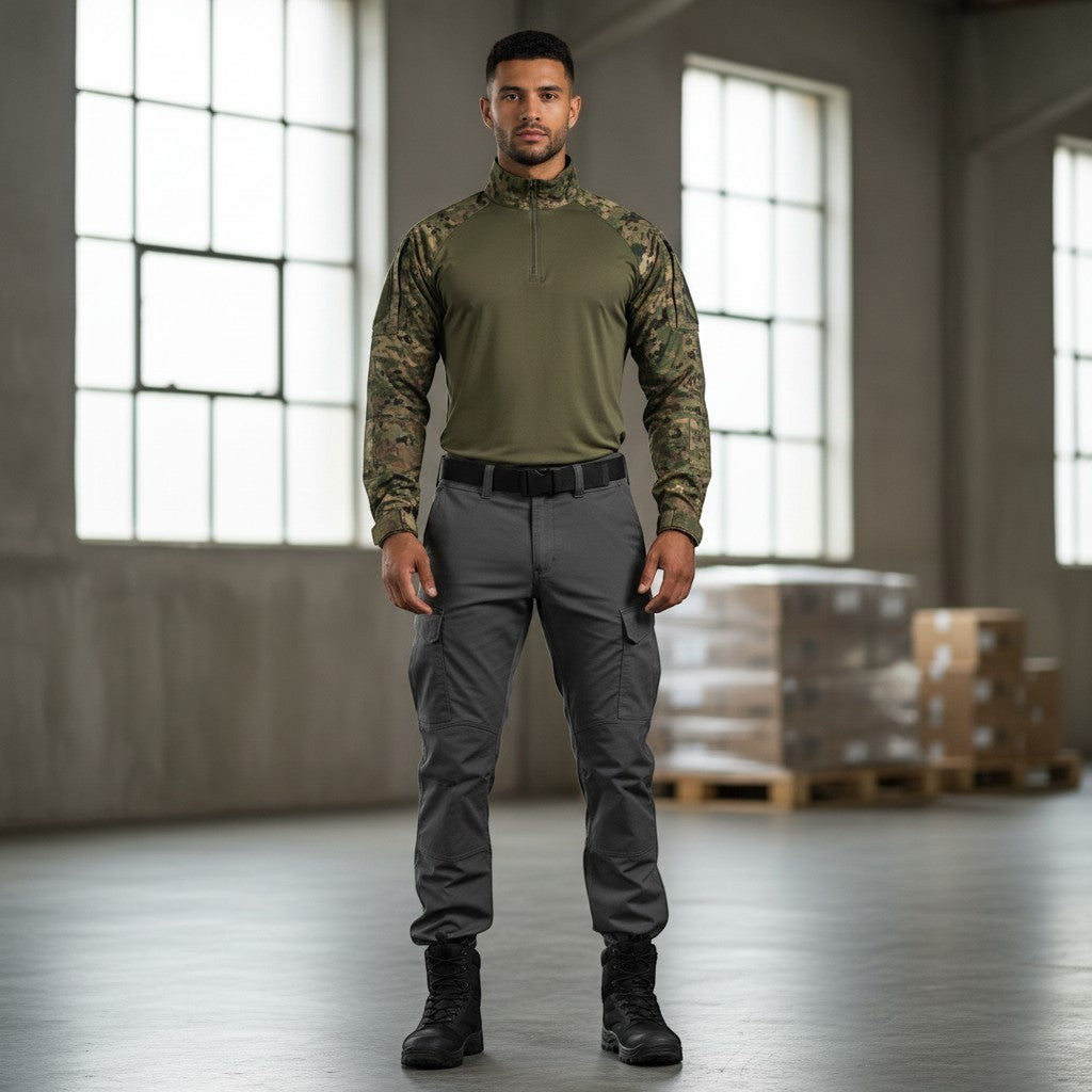 id-paintball Feldhemd Combat Shirt in Flecktarn mit olivgrünem Rumpf und Stehkragen, getragen von einem Model.