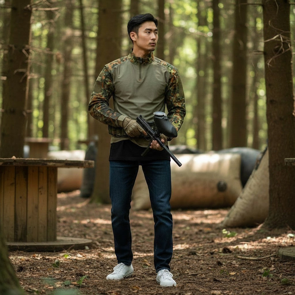 id-paintball Combat Shirt in Flecktarn mit elastischem Torso und Rip-Stop-Ärmeln, getragen von einem Mann im Wald.
