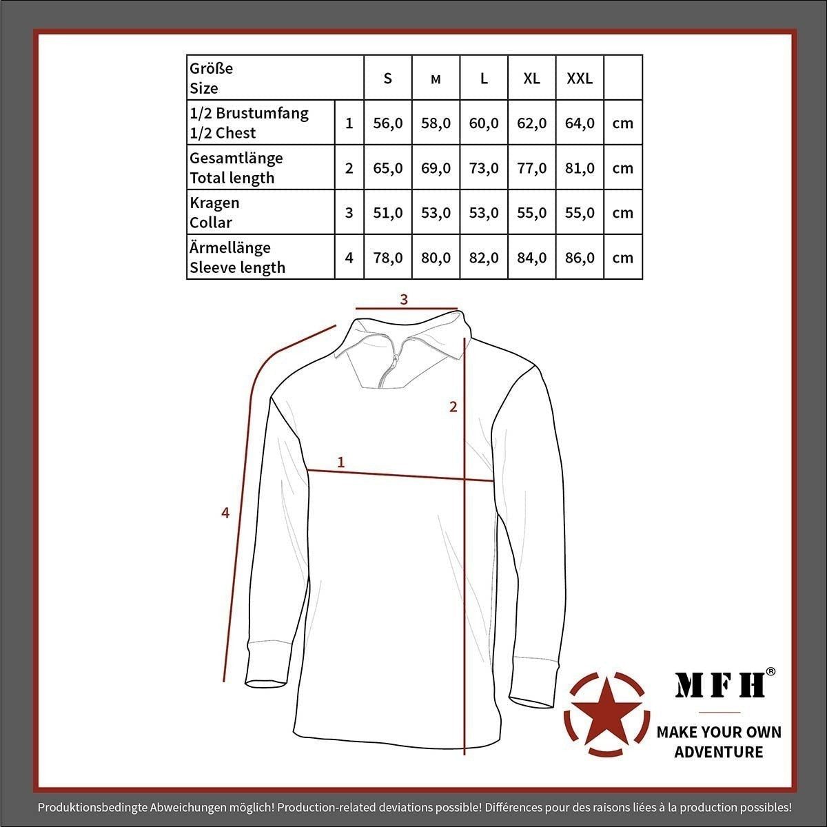 id-paintball Größentabelle für das US Tactical Combat Shirt in Flecktarn mit Maßangaben für Brust, Länge und Ärmel