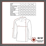id-paintball Größentabelle für das US Tactical Combat Shirt in Flecktarn mit Maßangaben für Brust, Länge und Ärmel