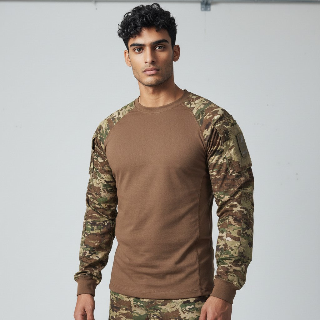 id-paintball Combat Shirt Tactical 2.0 in WASP I Z2 Tarnmuster mit braunem Baumwoll-Torso und Ripstop-Ärmeln.