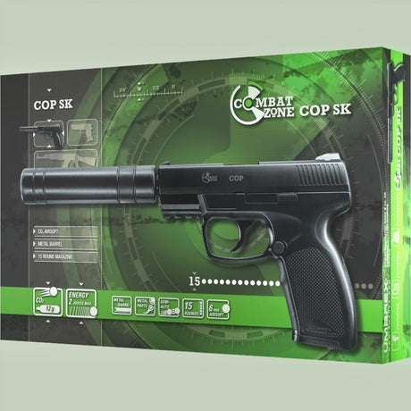 id-paintball Combat Zone COP SK CO2 Airsoftpistole mit Schalldämpfer-Attrappe auf der Produktverpackung