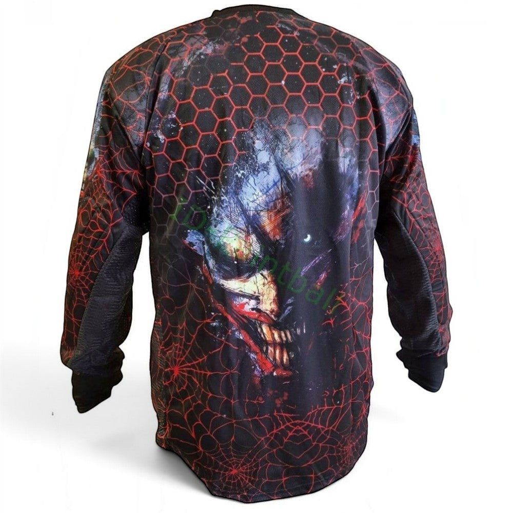 id-paintball Custom Jersey Fear Smile in Rot und Schwarz mit Spinnennetz- und Wabenmuster auf der Rückseite