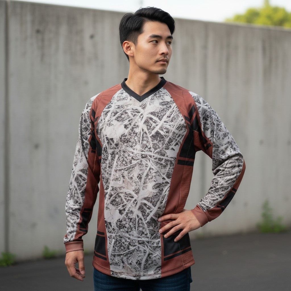 id-paintball Custom Jersey RedRoot in Weiss, Schwarz und Rot mit Polsterung an Schultern und Armen an einem Spieler
