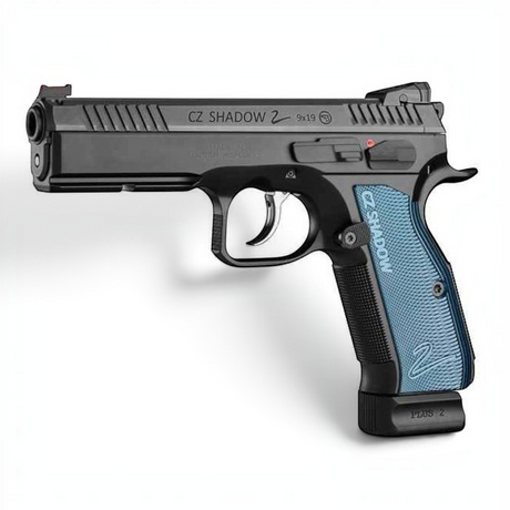 id-paintball ASG CZ Shadow 2 Airsoft Pistole in Schwarz mit blauen Aluminium-Griffschalen und Blowback-Funktion