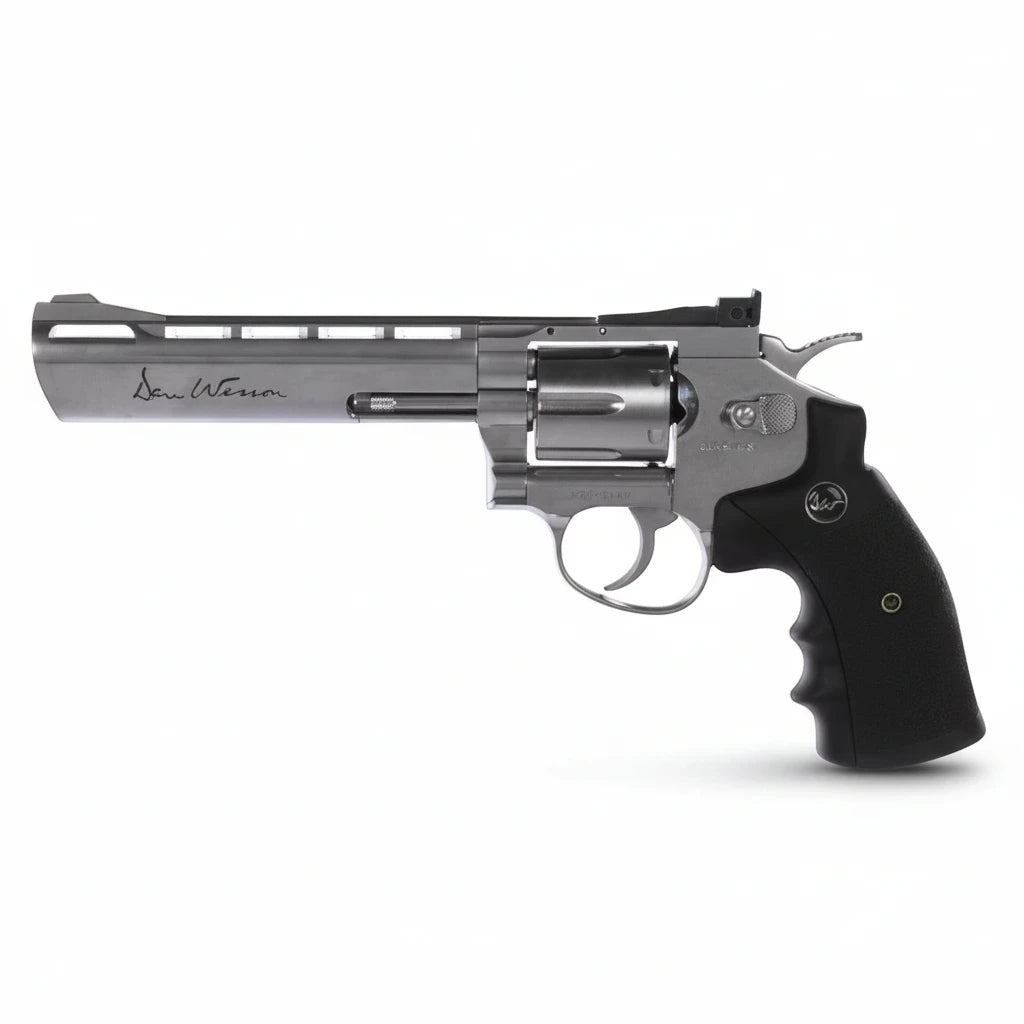 id-paintball Dan Wesson 6 Zoll CO2 Revolver in Silber aus Vollmetall mit schwarzem Griff und 6-Zoll-Lauf