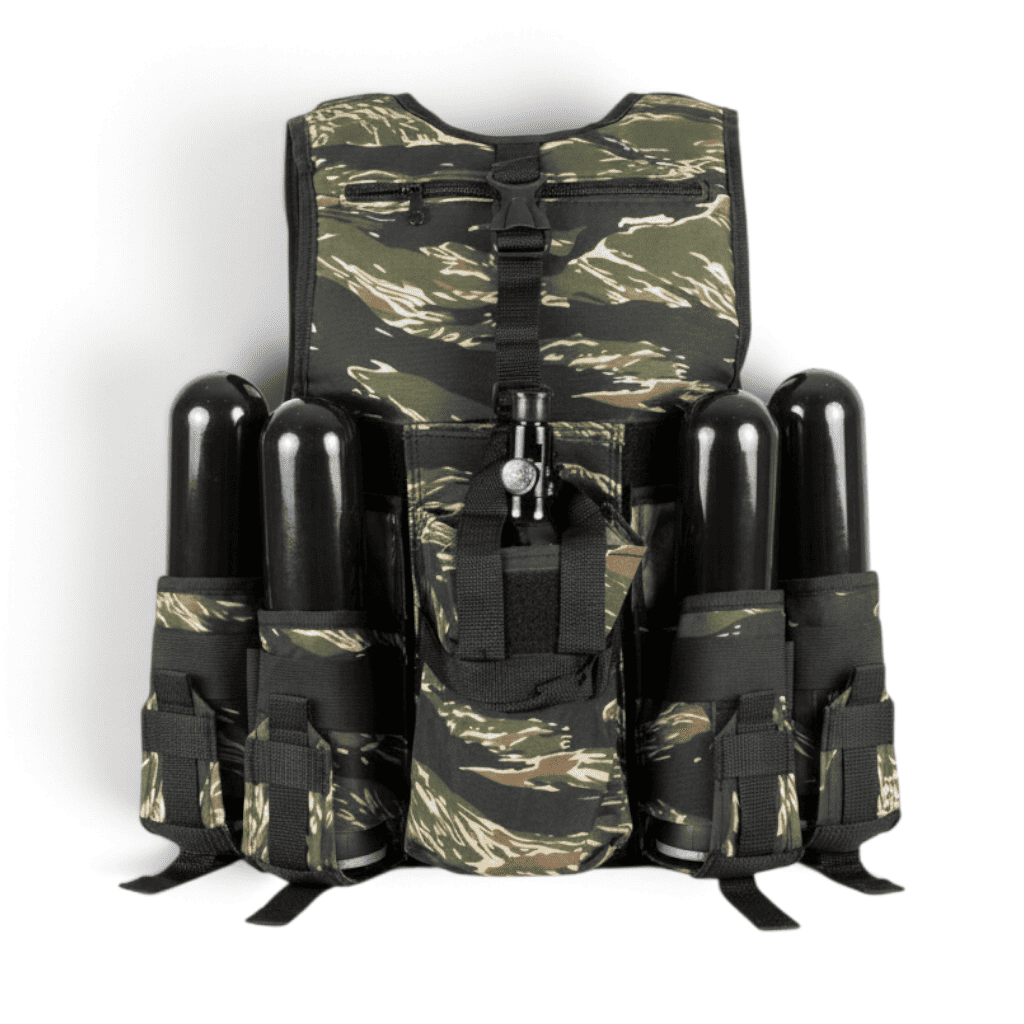 id-paintball Delta Six Tactical Weste in Tiger Stripe Camo mit Halterungen für Speedloader und HP-Flasche