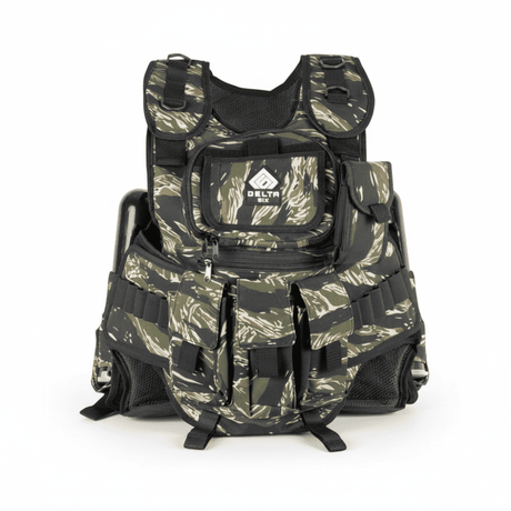 id-paintball Delta Six Tactical Weste in Tiger Stripe Camo mit Klett-Taschen für Paintball-Zubehör und Speedloader