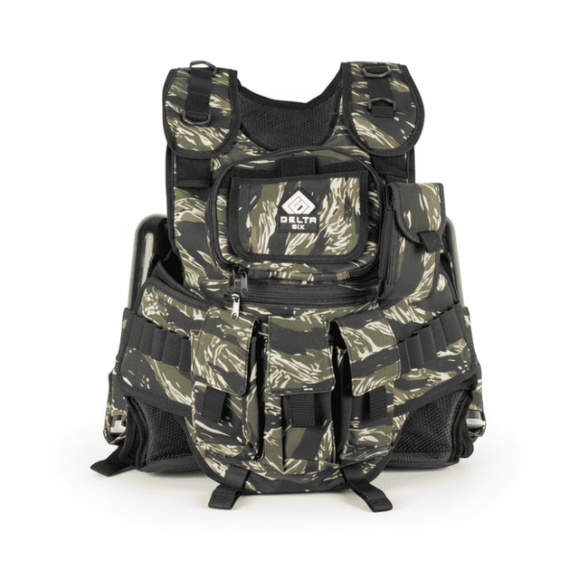 id-paintball Delta Six Tactical Weste in Tiger Stripe Camo mit Klett-Taschen für Paintball-Zubehör und Speedloader