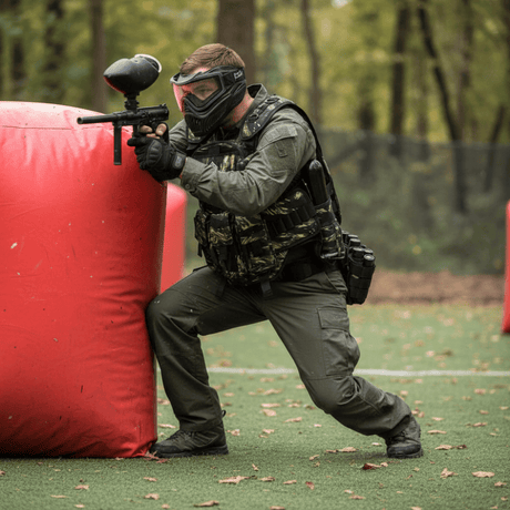 id-paintball Delta Six Tactical Weste in Tiger Stripe Camo bei einem Paintball-Spieler in Woodland-Ausrüstung