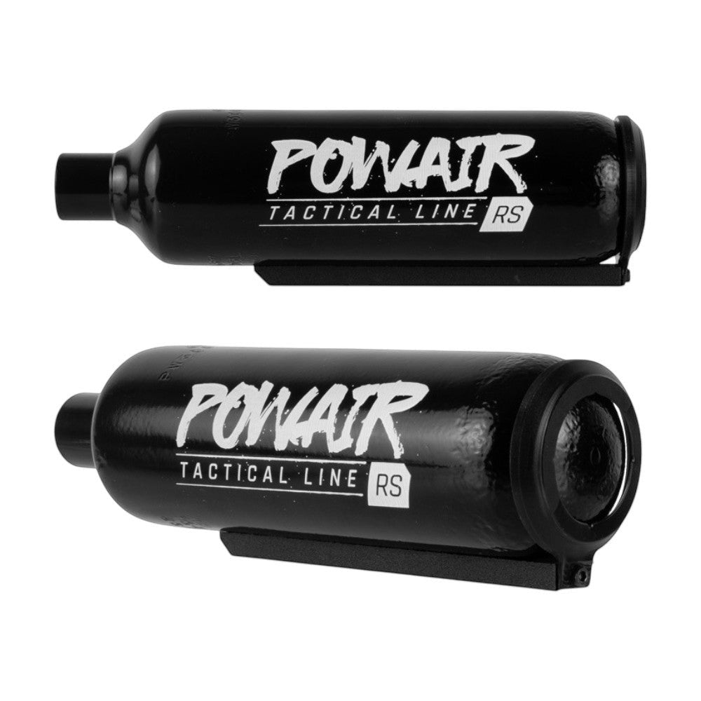 id-paintball DSG AM Floating Stock Guide aus schwarzem Aluminium an einer PowAir 300-Bar-HP-Flasche montiert