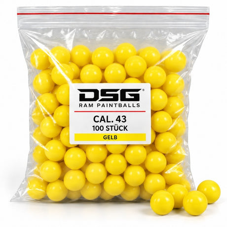 id-paintball DSG RAM Paintballs im Kaliber .43, 100 Stück in leuchtendem Gelb in einer transparenten Plastiktüte