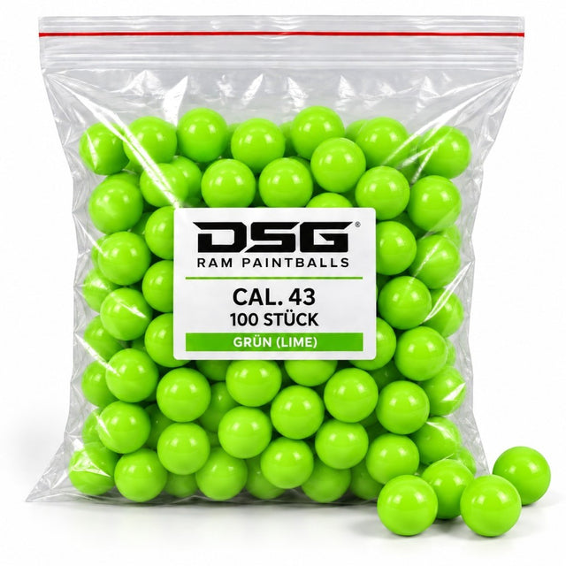 id-paintball DSG RAM Paintballs im Kaliber .43 in leuchtendem Lime-Grün, verpackt im 100er Beutel für Markierer