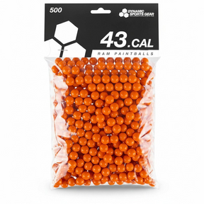 id-paintball DSG RAM Paintballs im Kaliber .43 in leuchtendem Orange, verpackt im 500er Beutel für Markierer.
