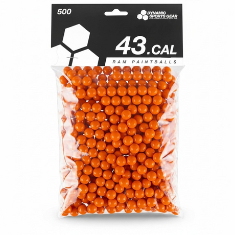 id-paintball DSG RAM Paintballs im Kaliber .43 in leuchtendem Orange, verpackt im 500er Beutel für Markierer.