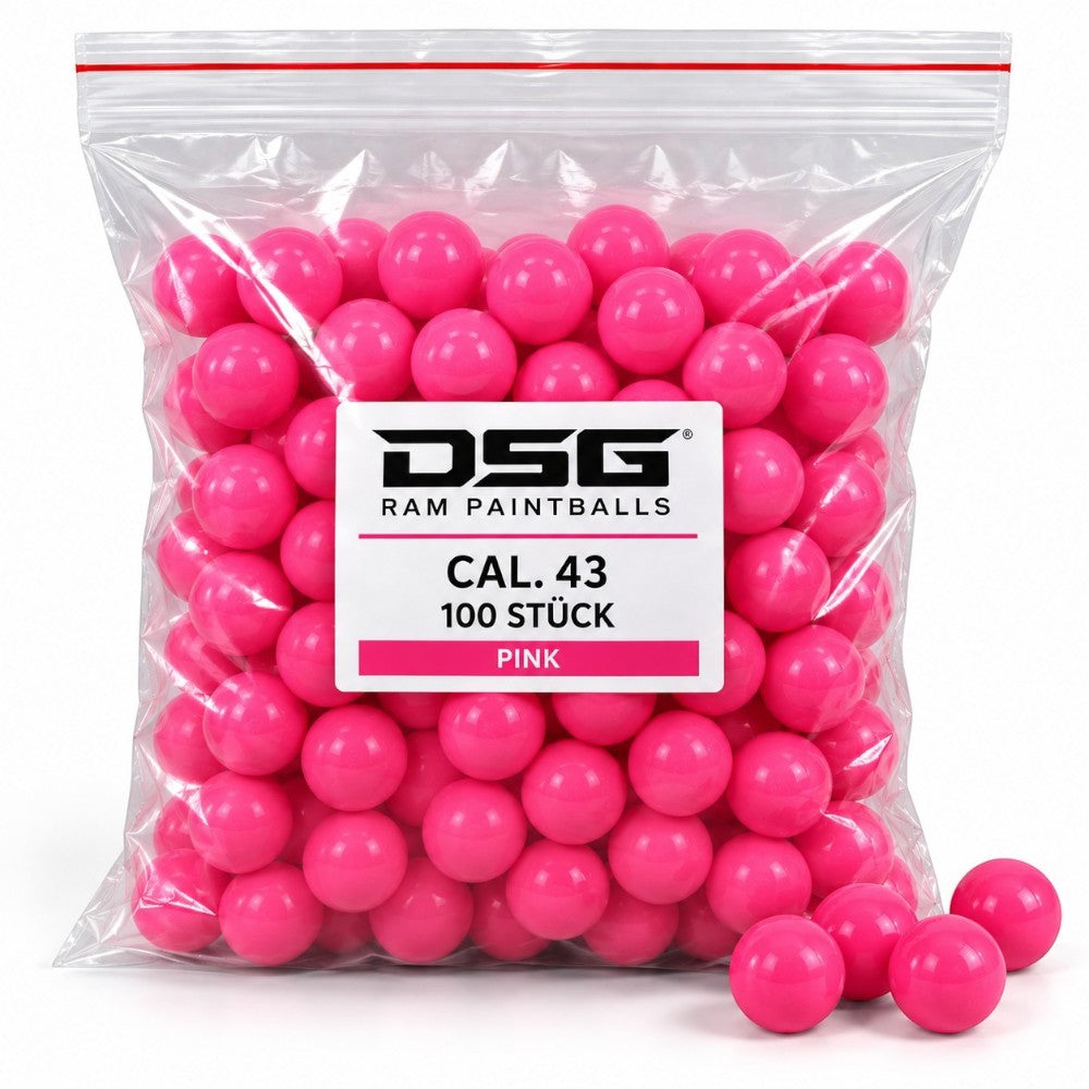 id-paintball DSG RAM Paintballs im Kaliber .43 in Pink, 100 Stück in einer transparenten Kunststoffverpackung.
