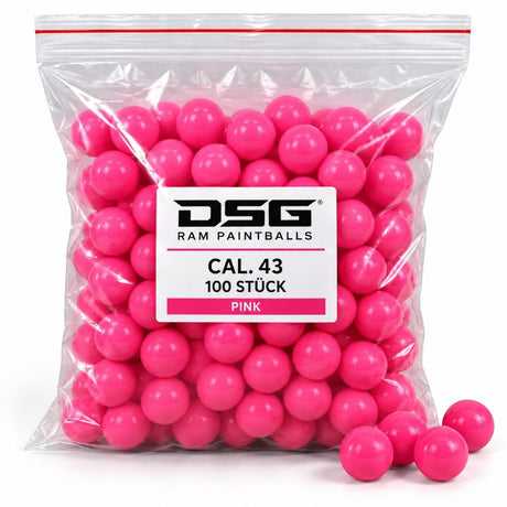 id-paintball DSG RAM Paintballs im Kaliber .43 in Pink, 100 Stück in einer transparenten Kunststoffverpackung.