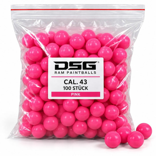 id-paintball DSG RAM Paintballs im Kaliber .43 in Pink, 100 Stück in einer transparenten Kunststoffverpackung.