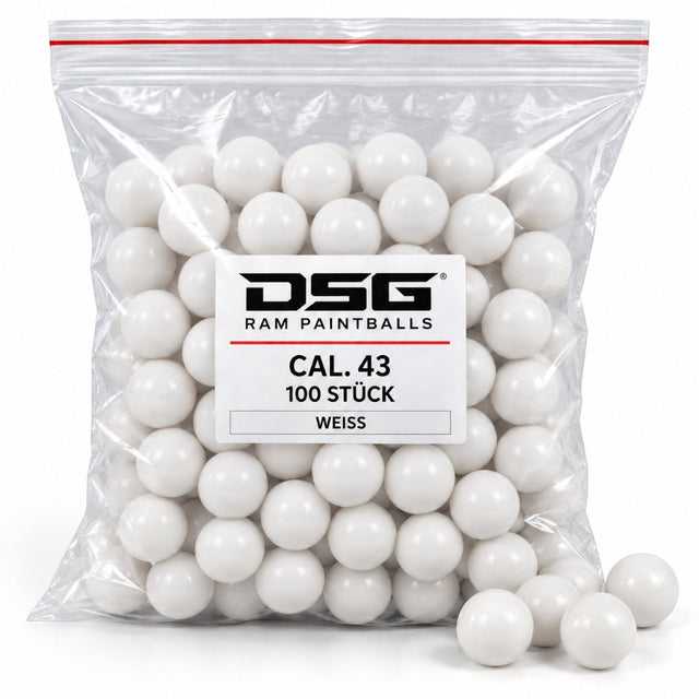 id-paintball DSG RAM Paintballs Kaliber 43 in Weiß, 100 Stück in einer transparenten Kunststoffverpackung