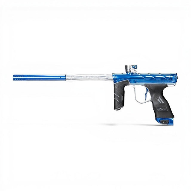 id-paintball DYE DSR Pro AF1 Paintball Markierer in glänzendem Blau und Silber mit ergonomischem Griff
