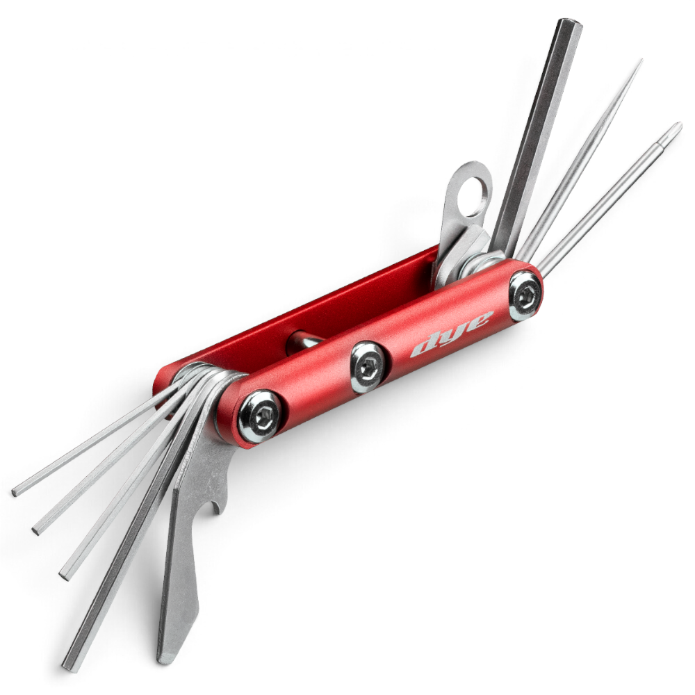 id-paintball DYE Core Multi Tool in Rot mit ausgeklappten Inbusschlüsseln, Schraubendrehern und Flaschenöffner