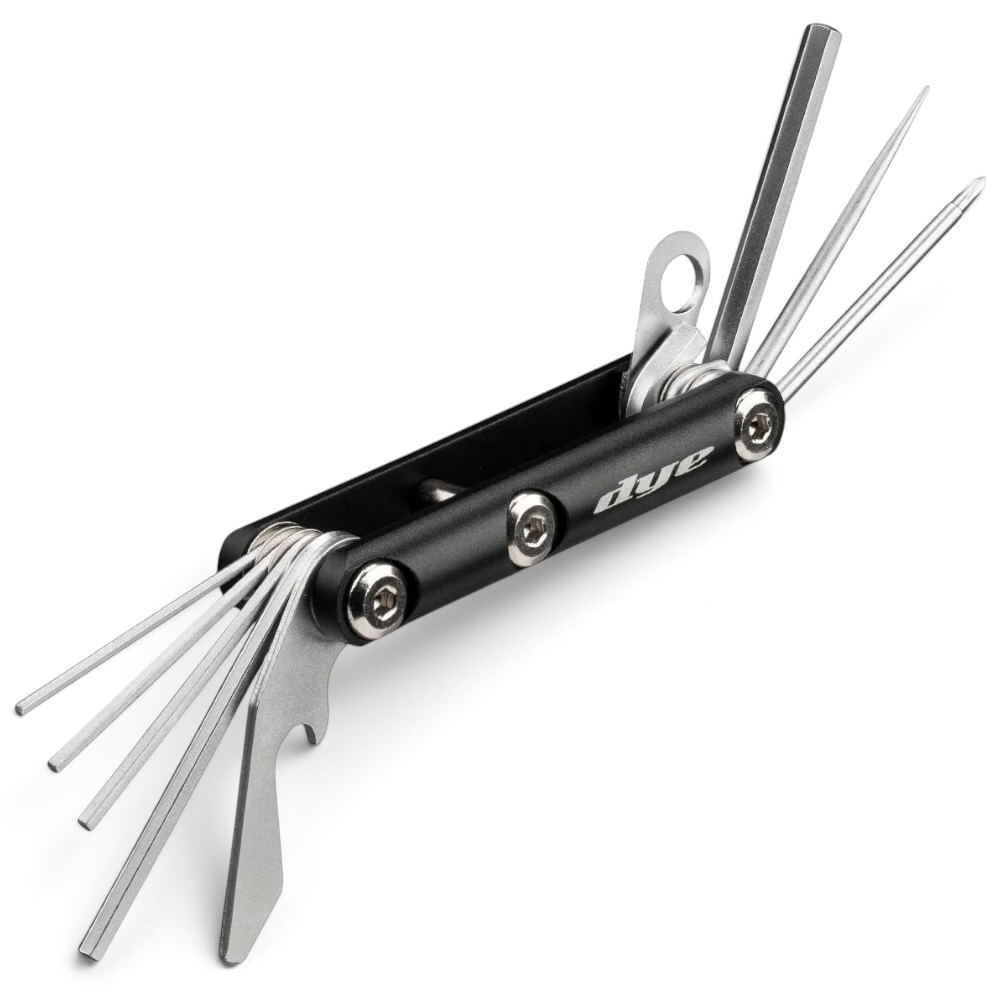 id-paintball DYE Core Multi Tool mit schwarzem Metallgehäuse, Inbusschlüsseln, Schraubendrehern und O-Ring Pick