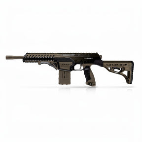 id-paintball Dye DAM Magfed Markierer in Desert Fade mit taktischem Design, Picatinny-Schienen und Schulterstütze
