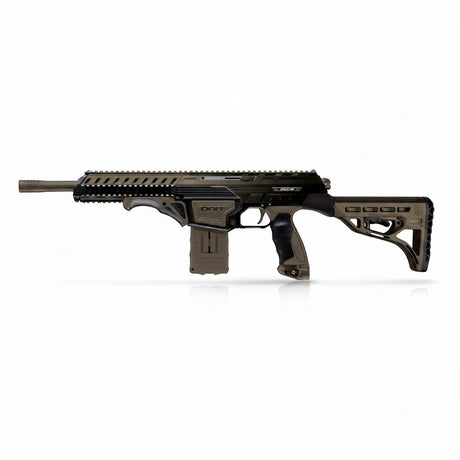 id-paintball Dye DAM Magfed Markierer in Desert Fade mit taktischem Design, Picatinny-Schienen und Schulterstütze