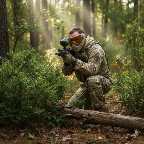 id-paintball Dye i4 Thermal Maske in Camouflage bei einem Paintball-Spieler im Wald mit taktischer Ausrüstung