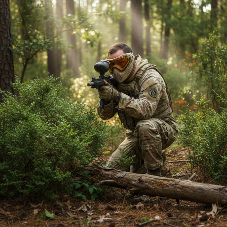 id-paintball Dye i4 Thermal Maske in Camouflage bei einem Paintball-Spieler im Wald mit taktischer Ausrüstung
