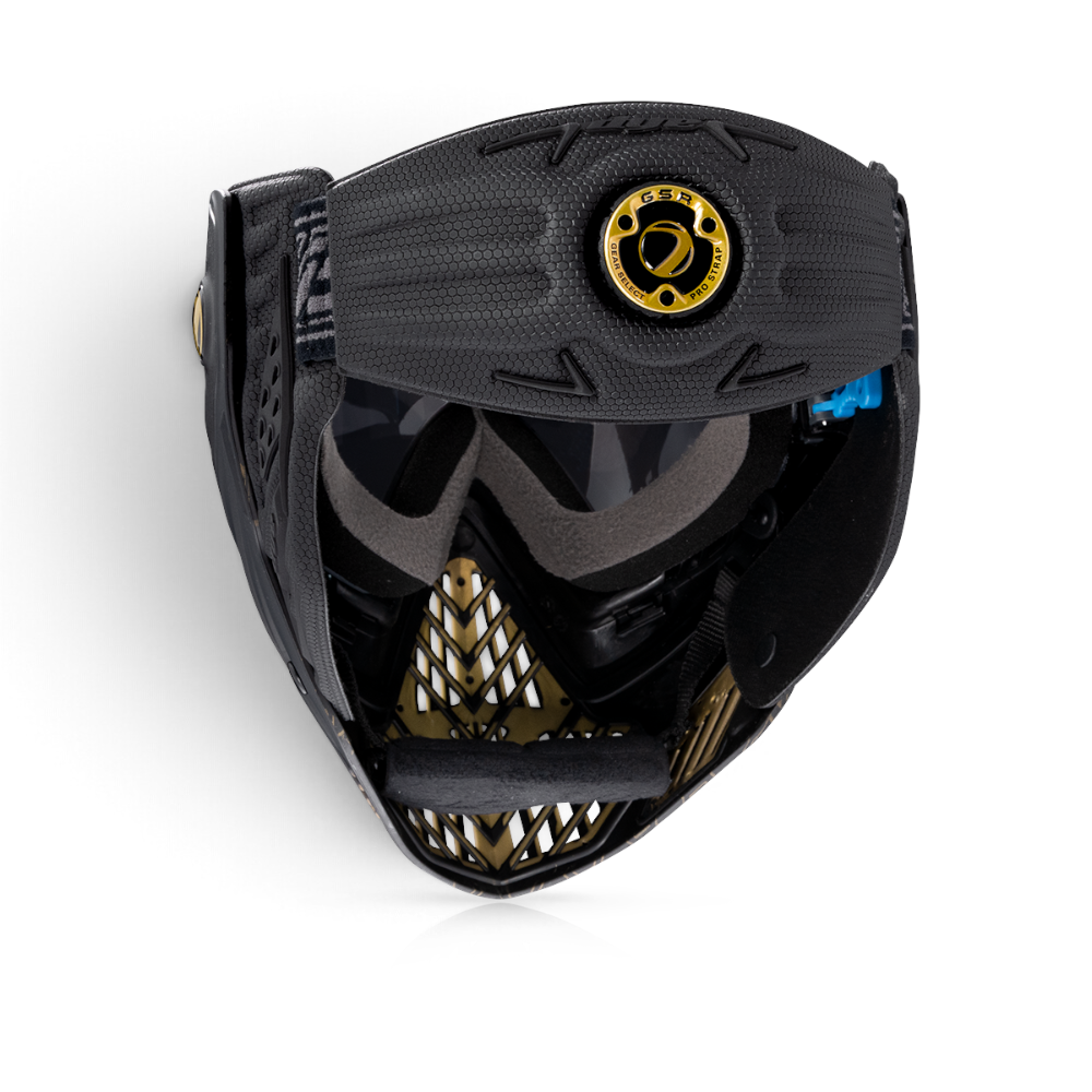 id-paintball DYE i5 Paintball Maske in Schwarz Gold Fade mit GSR Pro Strap und Thermalglas von oben