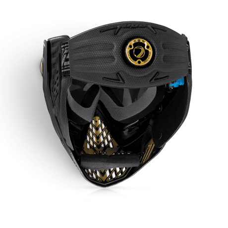 id-paintball DYE i5 Paintball Maske in Schwarz Gold Fade mit GSR Pro Strap und Thermalglas von oben