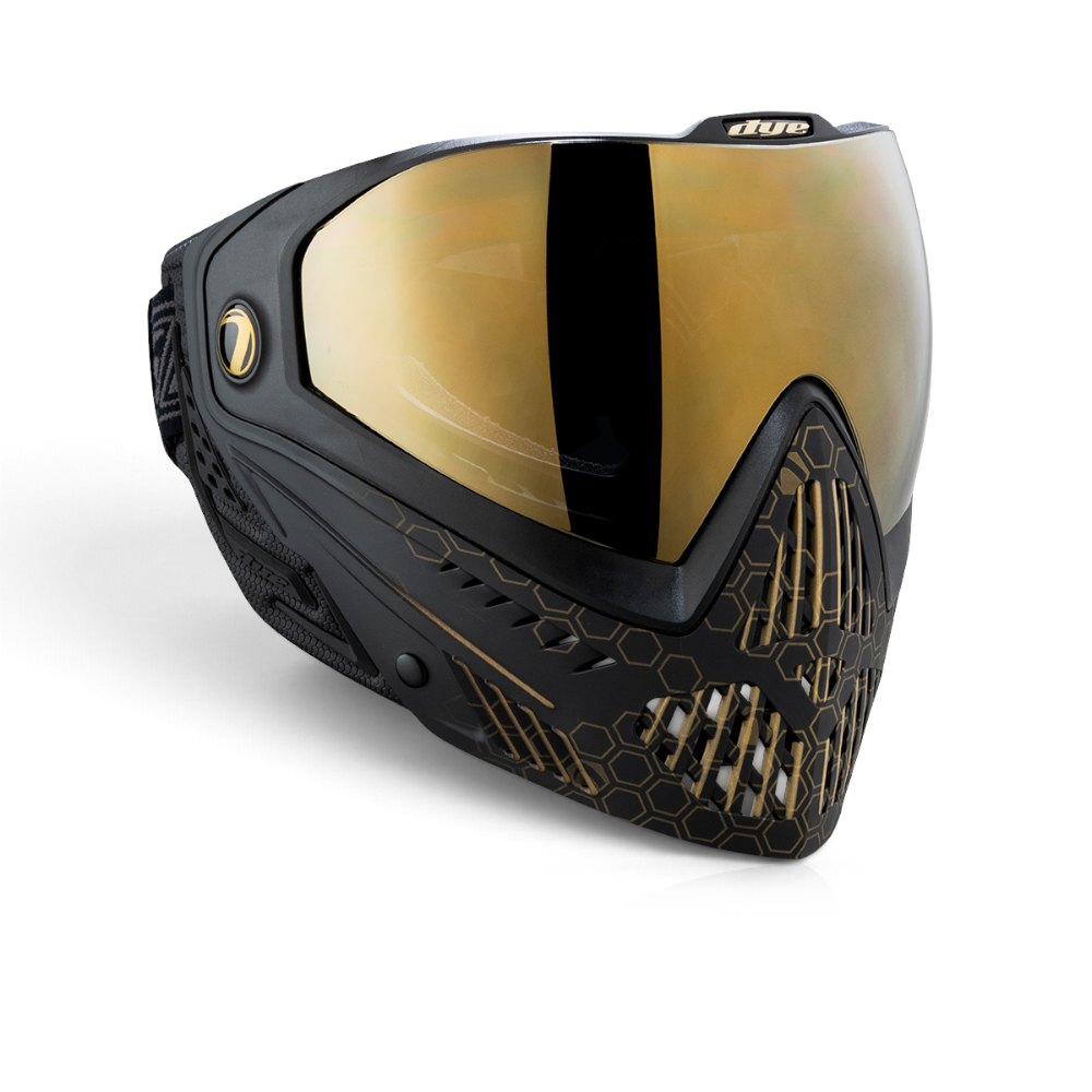 id-paintball DYE i5 Paintball Maske in Schwarz Gold Fade mit Thermalglas, Belüftung und POV-Kamera-Halterung