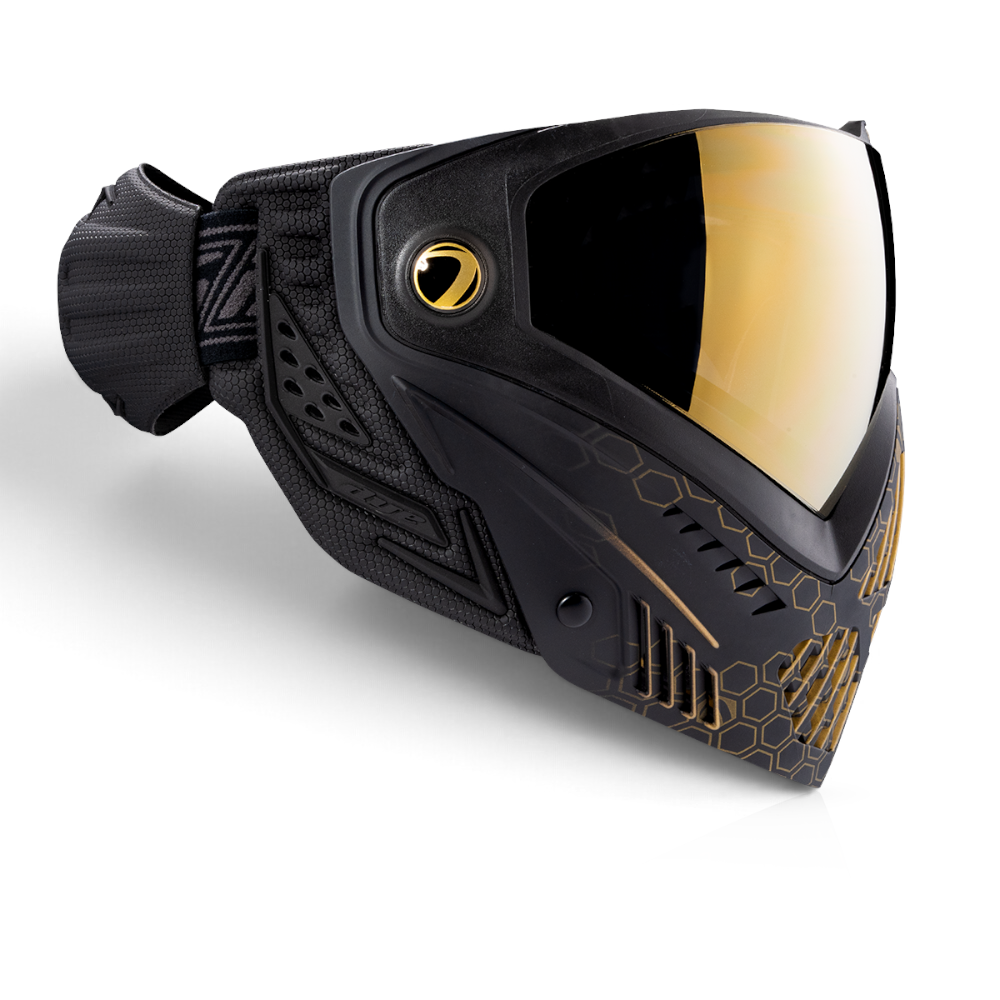 id-paintball DYE i5 Paintball Maske in Schwarz Gold Fade mit Thermalglas und integrierter POV-Kamerahalterung