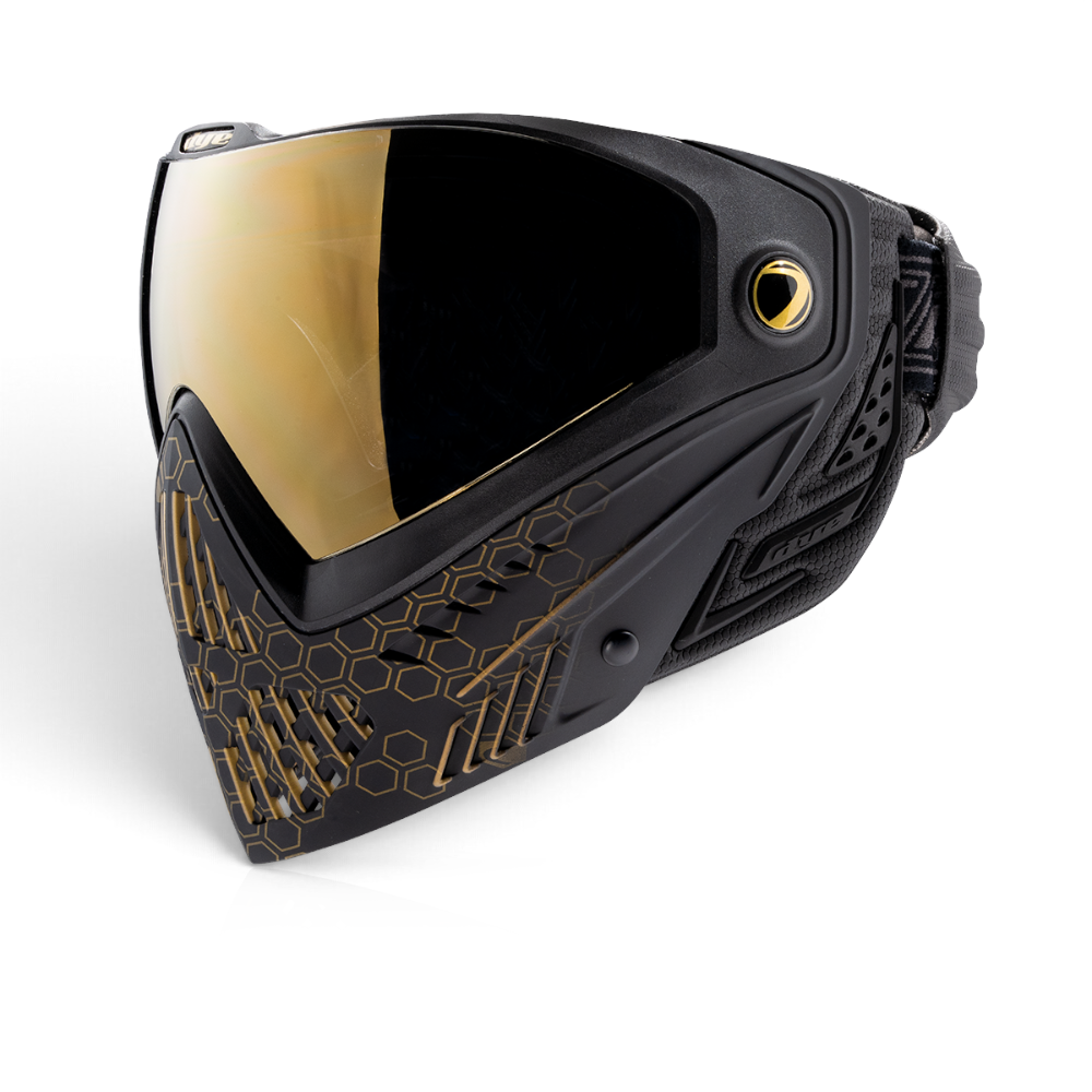 id-paintball DYE i5 Paintball Maske in Schwarz Gold Fade mit Thermalglas und Wabenmuster für optimalen Schutz