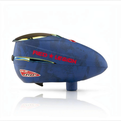 id-paintball Dye Rotor R2 Hopper in Blau mit Red Legion Branding und schillernden Akzenten für Paintball